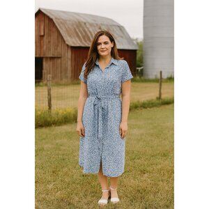 Shein Womens Midi Shirt Dress Waist Tie Blue Floral L V Neck Preppy Cottagecore